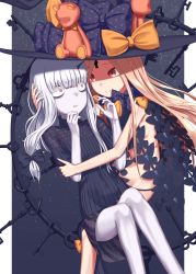 Rule 34 | 2girls, abigail williams (fate), abigail williams (second ascension) (fate), absurdres, black bow, black dress, black hat, black panties, blonde hair, bow, closed mouth, commentary request, dress, fate/grand order, fate (series), hand in own hair, hat, hat bow, highres, key, lavinia whateley (fate), long hair, multiple girls, navel, orange bow, pale skin, panties, parted bangs, parted lips, puffy short sleeves, puffy sleeves, purple eyes, red eyes, revealing clothes, sanpeita, short sleeves, skull print, smile, stuffed animal, stuffed toy, teddy bear, topless, underwear, very long hair, white hair, wide-eyed, witch hat