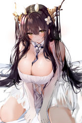 Rule 34 | 1girl, azur lane, bare shoulders, between breasts, black hair, blush, breasts, cleavage, dress, elbow gloves, eyes visible through hair, flower, gloves, hair flower, hair ornament, highres, horns, huge breasts, indomitable (azur lane), large breasts, long hair, looking at viewer, paid reward available, raru (nanaharararu), simple background, sitting, solo, very long hair, white background, white dress, white flower, white gloves, yellow eyes