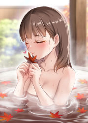 Rule 34 | 1girl, bath, blurry, blurry background, blush, breasts, brown hair, cleavage, closed eyes, collarbone, completely nude, heart, highres, holding, holding leaf, i am homeko, idolmaster, idolmaster cinderella girls, leaf, leaf on liquid, maple leaf, medium hair, nape, nude, ofuro, partially submerged, reflection, reflective water, refraction, sakuma mayu, small breasts, solo, wooden wall