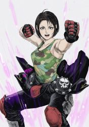 Rule 34 | 1girl, ahoge, breasts, brown eyes, brown hair, camouflage, camouflage tank top, capcom, clothes around waist, commentary request, gloves, highres, jacket, jacket around waist, justice gakuen, kazama akira, looking at viewer, medium breasts, open mouth, short hair, solo, street fighter, street fighter v, tank top, tobita nikiichi