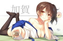 Rule 34 | 10s, 1girl, alcohol, artist name, bare shoulders, blush, breasts, brown eyes, brown hair, character name, cleavage, collarbone, cup, drunk, hand on own cheek, hand on own face, japanese clothes, jpeg artifacts, kaga (kancolle), kantai collection, large breasts, legs up, looking at viewer, lying, matching hair/eyes, musical note, no shoes, on stomach, one-hour drawing challenge, open clothes, quaver, reaching, sake, side ponytail, signature, smile, solo, speech bubble, spoken musical note, the pose, thighhighs, toosaka asagi