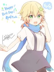 Rule 34 | 1girl, bafarin, black pantyhose, black skirt, blonde hair, blue scarf, commentary request, flower, gabriel dropout, green eyes, green flower, hair flower, hair ornament, happy birthday, highres, jewelry, long hair, long scarf, looking at viewer, necklace, open mouth, pantyhose, scarf, shirt, short sleeves, signature, skirt, solo, tapris chisaki sugarbell, tapris sugar step, white background, white shirt
