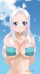 Rule 34 | 1girl, absurdres, arms behind back, artist name, bikini, blue eyes, blush, breasts, cleavage, cloud, collarbone, day, fairy tail, gaston18, highres, large breasts, long hair, looking at viewer, mirajane strauss, navel, outdoors, sky, smile, solo, standing, swimsuit, upper body, watermark, white hair