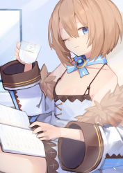 Rule 34 | 1girl, absurdres, bare shoulders, blanc (neptunia), blue eyes, book, breasts, brown hair, buran buta, collarbone, cup, dress, fur trim, hat, highres, jacket, light smile, neptune (series), one eye closed, short hair, small breasts, solo, spaghetti strap, teacup, white dress, white jacket