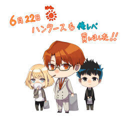 1girl 2boys akina_(user_htkx7587) black_hair black_suit blonde_hair business_suit cha_hae-in chibi choi_jong-in collared_shirt formal glasses highres jacket long_sleeves looking_at_viewer multiple_boys necktie open_clothes open_jacket pants red_eyes red_hair red_necktie shirt short_hair smile solo_leveling suit