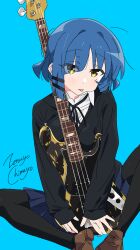 Rule 34 | 1girl, absurdres, artist name, bass guitar, black pantyhose, black ribbon, black shirt, blue background, blue hair, blue skirt, bocchi the rock!, breasts, brown footwear, collared shirt, eyes visible through hair, guitar, hair ornament, hairclip, highres, holding, holding bass guitar, holding guitar, holding instrument, instrument, loafers, long sleeves, looking at viewer, mole, mole under eye, neck ribbon, pantyhose, pleated skirt, ribbon, shirt, shoes, short hair, signature, simple background, single sidelock, sitting, skirt, sleeves past wrists, small breasts, solo, tongue, tongue out, yamada ryo, zetsuyo chimayo