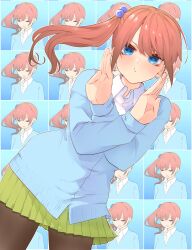 Rule 34 | 1girl, :t, absurdres, alternate hairstyle, black pantyhose, blue background, blue cardigan, blue eyes, blush, bright pupils, brown hair, cardigan, closed mouth, collared shirt, commentary, cowboy shot, crossed arms, dutch angle, eyebrows hidden by hair, eyelashes, floating hair, go-toubun no hanayome, green skirt, hair bobbles, hair ornament, highres, long hair, looking at viewer, miniskirt, mojyu saico, multiple views, nakano miku, pantyhose, pleated skirt, pout, school uniform, shirt, side ponytail, simple background, skirt, sleeves past wrists, solo, swept bangs, v-shaped eyebrows, white shirt, x arms
