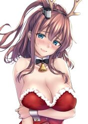 Rule 34 | 1girl, antlers, bell, blue eyes, blush, breasts, brown hair, detached collar, dress, embarrassed, fake antlers, highres, horns, jingle bell, kantai collection, kuurunaitsu, large breasts, looking at viewer, open mouth, ponytail, reindeer antlers, santa dress, saratoga (kancolle), side ponytail, simple background, solo, sweatdrop, upper body, white background