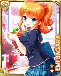 Rule 34 | 1girl, arcade, blue eyes, boots, bow, bowtie, character name, day, from side, girlfriend (kari), hair ribbon, holding, indoors, medium hair, official art, open mouth, orange hair, plaid, plaid skirt, pleated skirt, pointing, qp:flapper, ribbon, sagara emi, school uniform, skirt, smile, solo, standing, tagme, twintails