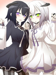 Rule 34 | 10s, 2girls, abyssal ship, abyssal twin princess (black), alternate costume, bag, black dress, black nails, breast press, commentary request, dress, goma (gomasamune), gradient background, green eyes, hair ornament, hands up, highres, holding, holding bag, kantai collection, long sleeves, looking at viewer, mitsukoshi (department store), multiple girls, nail polish, night strait princess (white), open mouth, pantyhose, product placement, purple eyes, ribbon, shopping bag, short hair, smile, symmetrical docking, white dress