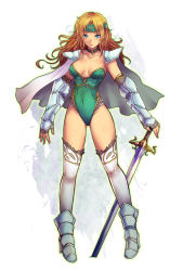 Rule 34 | 1990s (style), 1girl, armor, blonde hair, blue eyes, boots, breasts, cape, celes chere, elbow gloves, final fantasy, final fantasy vi, gauntlets, gloves, headband, high heels, highleg, highleg leotard, kara (color), lace, lace-trimmed legwear, lace trim, legs, leotard, long hair, long legs, pauldrons, retro artstyle, shoes, shoulder armor, skin tight, solo, sword, thighhighs, thighs, weapon, white thighhighs