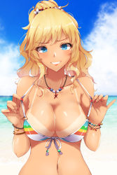 Rule 34 | 1girl, absurdres, beach, bikini, bikini tan, blonde hair, blue eyes, blue sky, blurry, blurry background, blush, bracelet, breasts, cleavage, cloud, collarbone, day, grin, hair ornament, highres, idolmaster, idolmaster cinderella girls, jewelry, large breasts, long hair, looking at viewer, multicolored bikini, multicolored clothes, nail polish, navel, necklace, o-ring, o-ring bikini, ohtsuki yui, outdoors, ponytail, red nails, ryuu., sky, smile, solo, star (symbol), stomach, swimsuit, tan, tanline, wavy hair