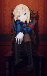 Rule 34 | 1girl, absurdres, aqua eyes, armband, black footwear, black pantyhose, blonde hair, blue jacket, boots, breasts, brown pantyhose, cross-laced footwear, emoemon, fate/grand order, fate (series), flower, gloves, grey flower, grey rose, grin, hand in own hair, highres, indoors, jacket, knee boots, knees up, lace-up boots, long hair, long sleeves, looking at viewer, lord el-melloi ii case files, pantyhose, reines el-melloi archisorte, rose, sitting, smile, solo, white gloves