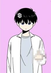 Rule 34 | 1boy, ahoge, black hair, blue eyes, censored, choi jinyeong, closed mouth, coat, grey shirt, hand up, long hair, looking at viewer, pink background, seasons of blossom, serious, shirt, simple background, solo, white coat