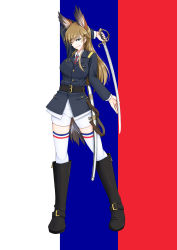 Rule 34 | 1girl, absurdres, arm behind back, bike shorts, bird tail, black footwear, boots, breast pocket, breasts, french flag, gluteal fold, head wings, highres, isosceles triangle (xyzxyzxyz), knee boots, large breasts, necktie, original, panties, pocket, saber (weapon), scabbard, sheath, shirt, skindentation, solo, strike witches 1991, striped necktie, sword, tail, thighhighs, underwear, uniform, weapon, white panties, white shirt, white thighhighs, wings, world witches series
