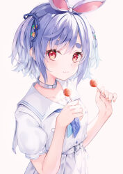Rule 34 | 1girl, :3, aid!, animal ears, belt, blue hair, blue neckerchief, blue ribbon, breasts, candy, carrot hair ornament, choker, closed mouth, dress, extra ears, food, food-themed hair ornament, hair ornament, hair ribbon, hairclip, highres, hololive, light blush, lollipop, looking at viewer, neckerchief, official alternate costume, official alternate hair length, official alternate hairstyle, puffy short sleeves, puffy sleeves, rabbit ears, red eyes, ribbon, sailor collar, sailor dress, short sleeves, small breasts, solo, thick eyebrows, two side up, usada pekora, usada pekora (casual), virtual youtuber, white belt, white choker, white dress, white sailor collar