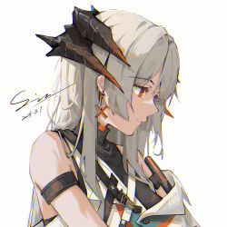 Rule 34 | 1girl, arknights, bare shoulders, black horns, black shirt, buttons, chinese commentary, chromatic aberration, closed mouth, commentary request, dated, earrings, grey hair, high collar, highres, horns, jewelry, long hair, looking down, orange eyes, orange horns, profile, saria (arknights), shirt, signature, simple background, sin., sleeveless, sleeveless shirt, solo, strap, upper body, white background