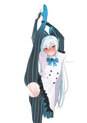 Rule 34 | 1girl, absurdres, beijuu, blush, bow, censored, closed mouth, commentary, crotch cutout, dress, frilled dress, frills, girls&#039; frontline, grey hair, hair between eyes, hair bow, highres, long hair, looking at viewer, mosaic censoring, no shoes, puffy short sleeves, puffy sleeves, pussy, red eyes, short sleeves, smile, solo, split, standing, standing on one leg, standing split, tokarev (girls&#039; frontline), torn clothes, white dress