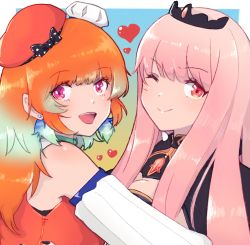 Rule 34 | 2girls, bow choker, chef hat, couple, earrings, feather earrings, feathers, gradient hair, hat, heart, highres, hololive, hololive english, hug, jewelry, looking at viewer, mori calliope, multicolored hair, multiple girls, naekam, orange hair, orange headwear, pink hair, purple eyes, red eyes, shoulder spikes, spikes, takanashi kiara, tiara, veil, virtual youtuber, yuri