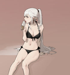 Rule 34 | 1girl, arm support, bikini, black bikini, breasts, chain, chain earrings, commentary, earrings, food, front-tie bikini top, front-tie top, gogalking, grey background, halterneck, highres, ice cream, jewelry, long hair, medium breasts, navel, original, pointy ears, ponytail, profile, red eyes, side-tie bikini bottom, simple background, sitting, solo, stomach, string bikini, swimsuit, symbol-only commentary, tongue, tongue out, vampire (gogalking), very long hair, white hair
