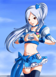 Rule 34 | 1girl, bad id, bad pixiv id, blue hair, blue skirt, blue theme, c-wing, choker, cosplay, crop top, cure berry, cure berry (cosplay), eas (fresh precure!), fresh precure!, hair ornament, heart, heart hair ornament, heart hands, higashi setsuna, long hair, looking at viewer, magical girl, midriff, navel, open mouth, ponytail, precure, ribbon, shirt, skindentation, skirt, smile, solo, taut clothes, taut shirt, thighhighs, zettai ryouiki