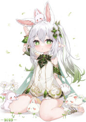 Rule 34 | 1girl, 2023, absurdres, animal ears, bloomers, bracelet, cape, cross-shaped pupils, detached sleeves, dress, extra ears, flower, full body, genshin impact, gold trim, gradient hair, green cape, green eyes, green hair, green sleeves, hair ornament, highres, jewelry, leaf hair ornament, long hair, looking at viewer, multicolored hair, nahida (genshin impact), parted lips, petals, pointy ears, short dress, side ponytail, sidelocks, sitting, sleeveless, sleeveless dress, solo, stirrup footwear, symbol-shaped pupils, toeless footwear, underwear, white background, white bloomers, white dress, white flower, white footwear, white hair, yuia