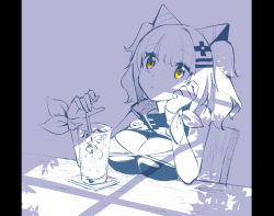 Rule 34 | 1girl, bare shoulders, bendy straw, breast rest, breasts, chair, cleavage, cleavage cutout, closed mouth, clothing cutout, cup, dress, drink, drinking glass, drinking straw, hair ornament, hairclip, holding, ice, ice cube, kaguya luna, kurihara sakura, large breasts, long hair, monochrome, orange eyes, sidelocks, sitting, sleeveless, sleeveless dress, solo, spot color, table, the moon studio, twintails, virtual youtuber
