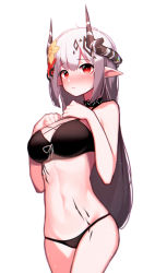 Rule 34 | 1girl, absurdres, arknights, bare shoulders, beudelb, bikini, black bikini, black horns, blush, breasts, flower, hair flower, hair ornament, hands on own chest, highres, horns, infection monitor (arknights), long hair, looking at viewer, material growth, medium breasts, mudrock (arknights), navel, oripathy lesion (arknights), pointy ears, red eyes, silver hair, simple background, solo, swimsuit, white background, yellow flower