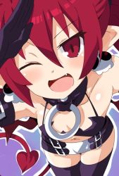 Rule 34 | 1girl, bat wings, belt, black gloves, black thighhighs, demon girl, demon tail, disgaea, earrings, elbow gloves, etna (disgaea), flat chest, from above, gloves, iwashi dorobou -r-, jewelry, looking at viewer, makai senki disgaea, mini wings, miniskirt, navel, one eye closed, open mouth, pointy ears, red eyes, red hair, salute, short hair, skirt, skull earrings, smile, solo, tail, thighhighs, wings