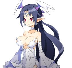 Rule 34 | 1girl, bare shoulders, black hair, breasts, choker, cleavage, closed mouth, collarbone, cowboy shot, detached sleeves, disgaea, dress, earrings, harada takehito, head wings, heart, heart earrings, jewelry, large breasts, long hair, makai senki disgaea 6, melodia (disgaea), official art, pointy ears, red eyes, smile, solo, transparent background, white dress, white neckwear, white sleeves, wings