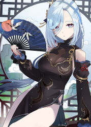 Rule 34 | 1girl, black dress, blue eyes, blue hair, breasts, china dress, chinese clothes, cleavage, crane print, detached sleeves, dress, genshin impact, hair ornament, hand fan, highres, large breasts, long hair, looking at viewer, pelvic curtain, q-chiang, see-through, see-through cleavage, shenhe (frostflower dew) (genshin impact), shenhe (genshin impact), side slit, sleeveless, sleeveless dress, solo, very long hair