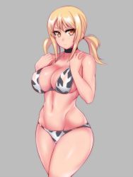 Rule 34 | &gt;:/, 1girl, :/, animal print, bikini, blonde hair, blush, breasts, choker, cleavage, closed mouth, cow print, cowboy shot, curvy, fairy tail, grey background, groin, halterneck, hevn, highres, hip bones, hip focus, large breasts, linea alba, looking at viewer, low twintails, lucy heartfilia, navel, print bikini, sidelocks, simple background, solo, stomach, swimsuit, thick thighs, thighs, twintails, v-shaped eyebrows, wide hips, yellow eyes