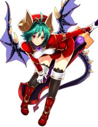 Rule 34 | 1girl, aqua hair, black thighhighs, boots, demon tail, full body, gloves, hat, highres, horns, leaning forward, looking at viewer, red eyes, red footwear, red hat, rukia moon, shinrabanshou, shuuha arutsu, smile, solo, standing, sword, tail, thighhighs, transparent background, weapon, white gloves, wings
