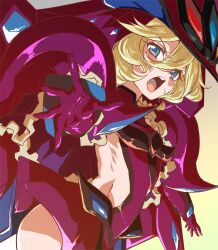 Rule 34 | 1girl, absurdres, blonde hair, blue eyes, carol malus dienheim, clothing cutout, elbow gloves, flat chest, fujimoto satoru, gloves, hat, highres, looking at viewer, microskirt, mole, mole under eye, open mouth, outstretched arm, purple gloves, ribs, senki zesshou symphogear, shiny skin, short hair, side cutout, sideless outfit, skirt, solo