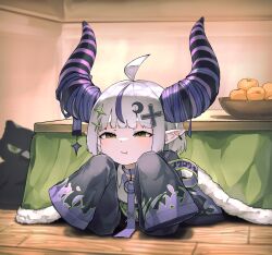 Rule 34 | 1girl, absurdres, ahoge, alternate costume, alternate hairstyle, black horns, black jacket, bowl, choker, chumji, collared shirt, crescent, crescent hair ornament, cross hair ornament, crow (la+ darknesss), demon horns, ear piercing, flame print, food, fruit, grey hair, hair ornament, highres, hololive, horns, indoors, jacket, kotatsu, la+ darknesss, la+ darknesss (casual), mandarin orange, multicolored hair, necktie, official alternate costume, official alternate hairstyle, piercing, pointy ears, pout, purple choker, purple hair, purple necktie, shirt, short hair, solo, streaked hair, striped horns, table, twintails, under kotatsu, under table, virtual youtuber, white shirt, yellow eyes