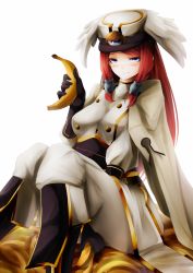 Rule 34 | 1girl, arc system works, banana, blazblue, blue eyes, blush, boots, breasts, cape, food, fruit, gloves, hair tubes, hat, highres, long hair, red hair, simple background, sitting, smile, snm (sunimi), solo, tsubaki yayoi, uniform