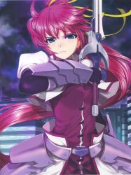 Rule 34 | 1girl, armor, armored dress, blue eyes, gauntlets, hair ribbon, highres, holding, holding sword, holding weapon, long hair, looking at viewer, lyrical nanoha, mahou shoujo lyrical nanoha, mahou shoujo lyrical nanoha a&#039;s, mikazuki akira!, night, outdoors, ponytail, purple hair, ribbon, signum, sky, solo, sword, weapon, yellow ribbon