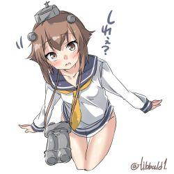 Rule 34 | 10s, 1girl, bad id, bad twitter id, binoculars, blush, brown eyes, brown hair, collarbone, cowboy shot, cropped legs, dress, ebifurya, groin, highres, inactive account, kantai collection, leaning forward, long sleeves, looking at viewer, matching hair/eyes, motion lines, neckerchief, no panties, sailor dress, short hair, simple background, solo, thigh gap, twitter username, white background, wrists extended, yukikaze (kancolle)