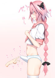 Rule 34 | 1boy, 1other, afterimage, astolfo (fate), astolfo (sailor paladin) (fate), black bow, blush, bow, braid, bulge, crossdressing, erection, erection under clothes, fang, fate/grand order, fate (series), gradient background, hair between eyes, hair bow, hair intakes, highres, kitajima yuuki, long braid, long hair, male focus, motion lines, multicolored hair, navel, neckerchief, official alternate costume, open mouth, panties, penis flicking, pink background, pink hair, pink neckerchief, pink sailor collar, purple eyes, sailor collar, school uniform, serafuku, shirt, single braid, skin fang, solo focus, streaked hair, sweatdrop, thighhighs, trap, underwear, very long hair, white hair, white panties, white shirt, white thighhighs
