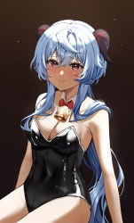 Rule 34 | 1girl, absurdres, bare arms, bare shoulders, bell, black leotard, blue hair, breasts, cleavage, closed mouth, covered navel, cowbell, detached collar, educk, ganyu (genshin impact), genshin impact, goat horns, highres, horns, leotard, long hair, looking at viewer, medium breasts, purple eyes, sitting, solo, strapless, strapless leotard, thighs