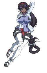 Rule 34 | 1girl, aqua eyes, arm behind head, black gloves, black hair, blush, breasts, brups tv, commission, dark skin, dark-skinned female, floating, gloves, hairband, high heels, highres, large breasts, licking lips, long hair, low-tied long hair, red hairband, senki zesshou symphogear, senki zesshou symphogear, solo, thick thighs, thighs, tongue, tongue out, vanessa (symphogear), very long hair, white background