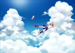 Rule 34 | 1girl, :d, blouse, brown hair, brown legwear, cloud, day, closed eyes, falling, makoto (roketto-massyumaro), midriff, open mouth, original, outstretched arms, pleated skirt, purple skirt, school uniform, shirt, shoe loss, shoes, short hair, short sleeves, single shoe, skirt, sky, smile, socks, spread arms, white shirt