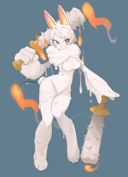 Rule 34 | 1girl, :&lt;, animal ears, animal feet, baseball bat, blue background, breasts, bright pupils, candle, closed mouth, daon (kenta111881), dual wielding, fire, flame-tipped tail, full body, furry, furry female, hands up, highres, holding, holding baseball bat, looking at viewer, medium breasts, melting, orange eyes, original, over shoulder, oversized limbs, pigeon-toed, rabbit ears, rabbit girl, short hair, simple background, solo, spiked bat, standing, tail, weapon, weapon over shoulder, white hair, white pupils