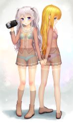 Rule 34 | 10s, 2girls, :o, absurdres, aki99, animal print, aqua eyes, artist name, bear panties, bear print, black ribbon, blonde hair, blue eyes, blush, boots, bow, bra, breast pocket, breasts, brown footwear, brown skirt, camcorder, charlotte (anime), feet, finger to own chin, green bra, green panties, grey legwear, hair ribbon, highres, holding, holding hands, interlocked fingers, long hair, long sleeves, looking at viewer, matching underwear, multiple girls, neckerchief, nishimori yusa, open mouth, panties, pink bra, pink panties, pleated skirt, pocket, print panties, revision, ribbon, school uniform, see-through, shadow, shirt, shoes, skirt, small breasts, smile, standing, thighhighs, toes, tomori nao, twintails, two side up, underwear, uniform, very long hair, vest, video camera, white background, white hair, white legwear, x-ray vision, yellow bow, zeiss (lens), zettai ryouiki