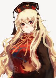 Rule 34 | 1girl, black dress, blonde hair, blush, breasts, chinese clothes, dress, frown, grey background, hat, headdress, highres, junko (touhou), large breasts, long hair, long sleeves, looking at viewer, mushiao, red eyes, simple background, solo, tabard, tail, touhou, very long hair, white background, wide sleeves
