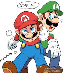 Rule 34 | 2boys, artist name, blood, blood on face, blue eyes, blue overalls, brown footwear, brown hair, facial hair, flying sweatdrops, gloves, grabbing, grabbing from behind, green hat, green shirt, hat, luigi, male focus, mario, mario (series), multiple boys, mustache, nintendo, open mouth, overalls, parted lips, red hat, red shirt, shirt, simple background, speech bubble, sweatdrop, torn clothes, white background, white gloves, ya mari 6363