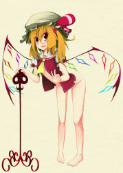 Rule 34 | 1girl, alternate weapon, alternate wings, asymmetrical hair, bad id, bad pixiv id, barefoot, blonde hair, bottomless, fang, feet, female focus, flandre scarlet, flat chest, green eyes, hat, highres, laevatein, leaning forward, multicolored eyes, no panties, open clothes, open mouth, open shirt, ponytail, red eyes, shirt, short hair, side ponytail, smile, solo, sorrau, touhou, v, weapon, wings