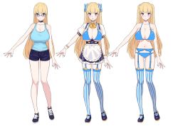 Rule 34 | 1girl, apron, bad id, bad twitter id, bare shoulders, bikini, bikini top only, blonde hair, blue bikini, blue eyes, blue footwear, blue garter straps, blue shorts, blue skirt, blue tank top, blush, bow, breasts, buttons, choker, cleavage, closed mouth, collarbone, detached collar, full body, glasses, hair bow, heart button, highres, large breasts, lina (michihasu), long hair, looking at viewer, michihasu, multiple views, nail polish, navel, open mouth, original, puffy short sleeves, puffy sleeves, short shorts, short sleeves, shorts, simple background, skirt, smile, striped clothes, striped thighhighs, swimsuit, tank top, thighhighs, two side up, underbust, vertical-striped clothes, vertical-striped thighhighs, waist apron, white apron, white background, yellow neckwear