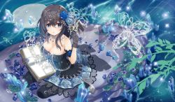 Rule 34 | 10s, 1girl, armband, bare shoulders, black dress, black gloves, black hair, black legwear, blue eyes, blue flower, blue skirt, book, breasts, bug, butterfly, cleavage, crystal, diadem, dress, floral print, flower, gloves, hair between eyes, hair flower, hair ornament, hand up, high heels, holding, holding book, idolmaster, idolmaster cinderella girls, idolmaster cinderella girls starlight stage, insect, large breasts, light rays, long hair, looking to the side, open book, parted lips, plant, rose print, sagisawa fumika, sitting, skirt, solo, sparkle, tetsujin momoko, vines, wariza, water