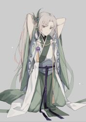 Rule 34 | 1boy, ;/, absurdres, arms behind head, black sash, chinese clothes, closed mouth, coat, flower, flower ornament, full body, gradient hair, green eyes, green robe, green shawl, grey background, grey hair, hair flip, hair ornament, hanfu, highres, kneeling, leaf hair ornament, long hair, longjing shrimp (the tale of food), looking at viewer, male focus, multicolored hair, nokoya, parted bangs, pink hair, robe, sash, scowl, see-through, see-through shawl, shawl, simple background, solo, tassel, the tale of food, white coat, white flower